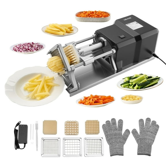 VEVOR Commercial French Fry Cutter, Stainless Steel Vegetable Fruit Chopper with 3 Replacement Blades 1/2-Inch 3/8-Inch 1/4-Inch, Electric Potato Slicer Dicer for Restaurants & Home Kitchen