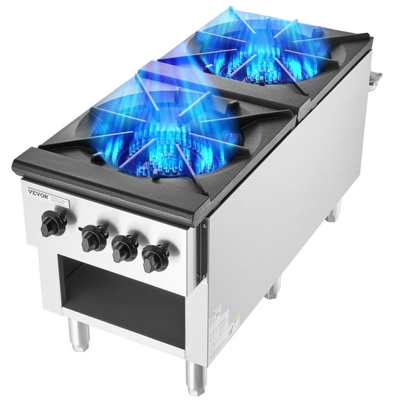 VEVOR Commercial Gas Stove with 2 Burners, Propane and Natural Gas Countertop Cooking Stove Range, Stainless Steel Gas Hot Plate, Commercial Cooking Equipment for Restaurant, 180,000 BTU