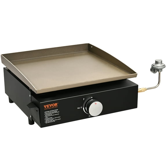VEVOR Commercial Griddle, 16.9" Heavy Duty Manual Flat Top Griddle, Countertop Gas Grill with Non-Stick Cooking Plate, Steel Natural Gas Griddle, 2-Burners Restaurant Portable Grill - 22,000 BTU