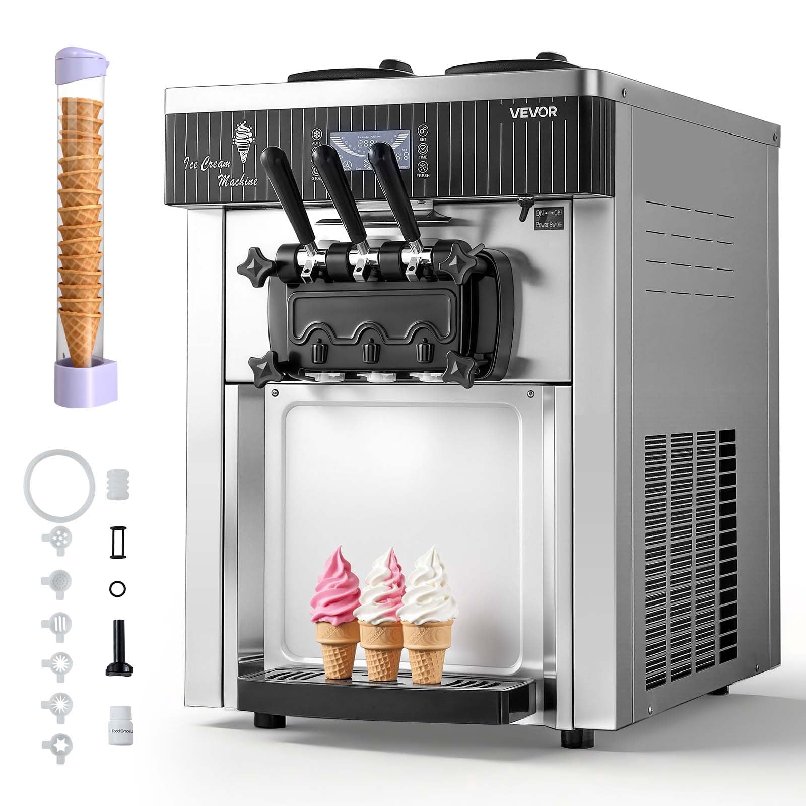 VEVOR Commercial Ice Cream Machine, 20-28L/H Yield, 2200W 3-Flavor Countertop Soft Serve Ice Cream Maker with 2 x 6L Hoppers & Hopper Agitation, Pre-Cooling Self-Cleaning for Snack Dessert Shops