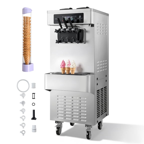 VEVOR Commercial Ice Cream Machine, 20-28L/H Yield, 2200W 3-Flavor Freestanding Soft Serve Ice Cream Maker with 2 x 6L Hoppers & Built-In Puffing Pump,Pre-Cooling Low-Mix Alert for Snack Dessert Shop