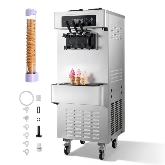 VEVOR Commercial Ice Cream Machine, 20-28L/H Yield, 2200W 3-Flavor Freestanding Soft Serve Ice Cream Maker with 2 x 6L Hoppers & Built-In Puffing Pump,Pre-Cooling Low-Mix Alert for Snack Dessert Shop