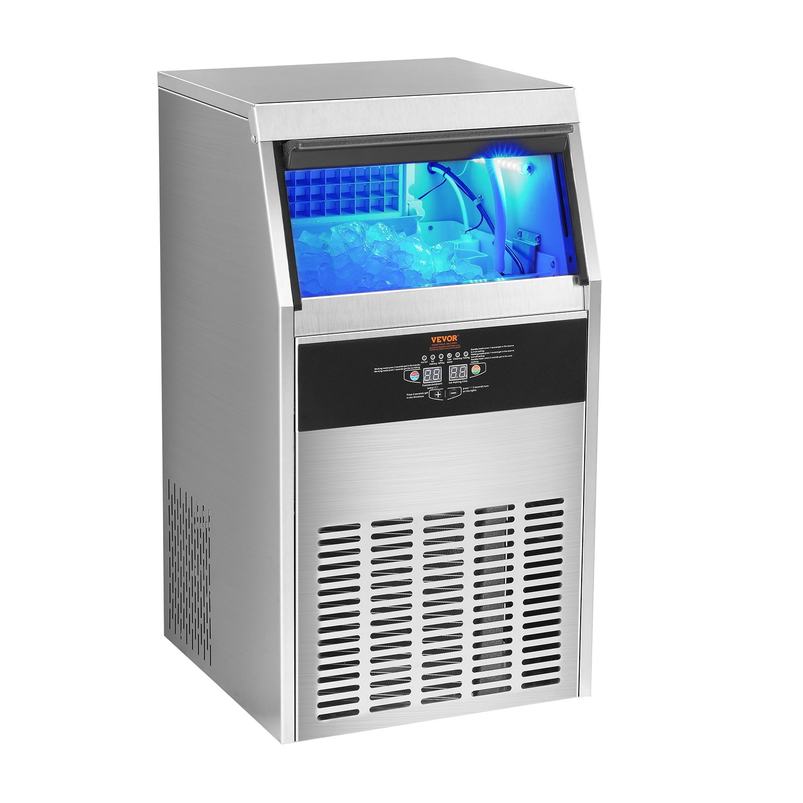 VEVOR Commercial Ice Maker 110-120lbs/24h with 33lbs Bin and Electric Water Drain Pump, Clear Cube, Stainless Steel Construction, Auto Operation