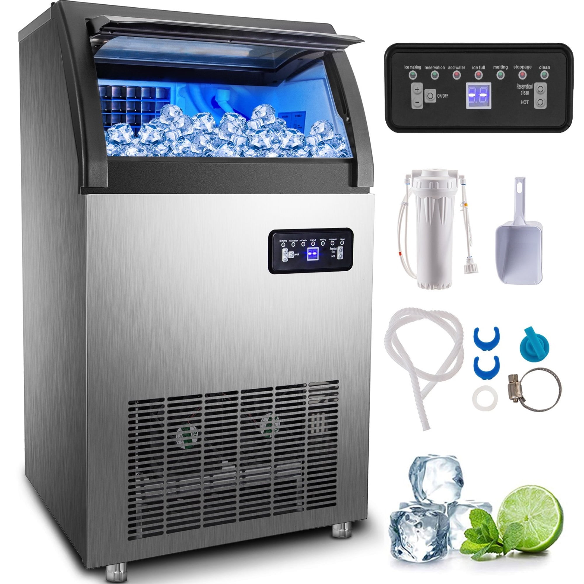 VEVOR Commercial Ice Maker 155lbs/24h,530W Commercial Ice Machine with 33lbs Storage Capacity, Stainless Steel Construction Ice Cube Making Machine, includes Water Filter and Connection Hose