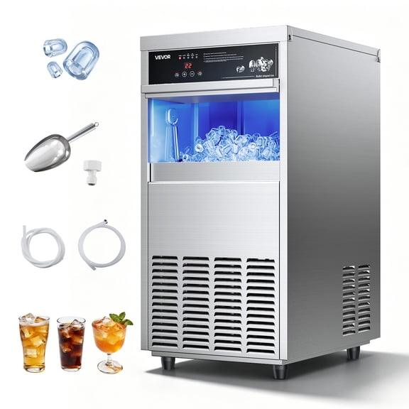 VEVOR Commercial Ice Maker Machine, 100 lbs/24h with 30-35 lbs Storage, Built-in/Freestanding/Under Counter, Stainless Steel Ice Maker with LED Display & Self-Cleaning, for Home Bar Restaurant