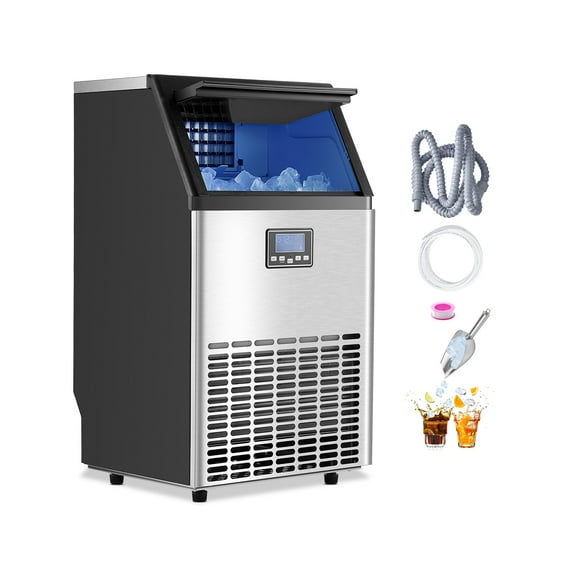 VEVOR Commercial Ice Maker Machine, 100lbs/24H Ice Maker Machine with 33lbs Storage Capacity, 45 Ice Cubes in 15 Minutes, LED Digital Display Freestanding Self-Cleaning for Bar Office Restaurant