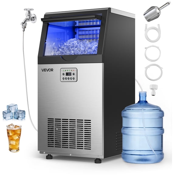 VEVOR Commercial Ice Maker Machine, 120 lbs/24h with 30 lbs Storage Capacity, Built-in/Freestanding/Under Counter, Stainless Steel Ice Maker with LED Display & Self-Cleaning, for Home Bar Restaurant