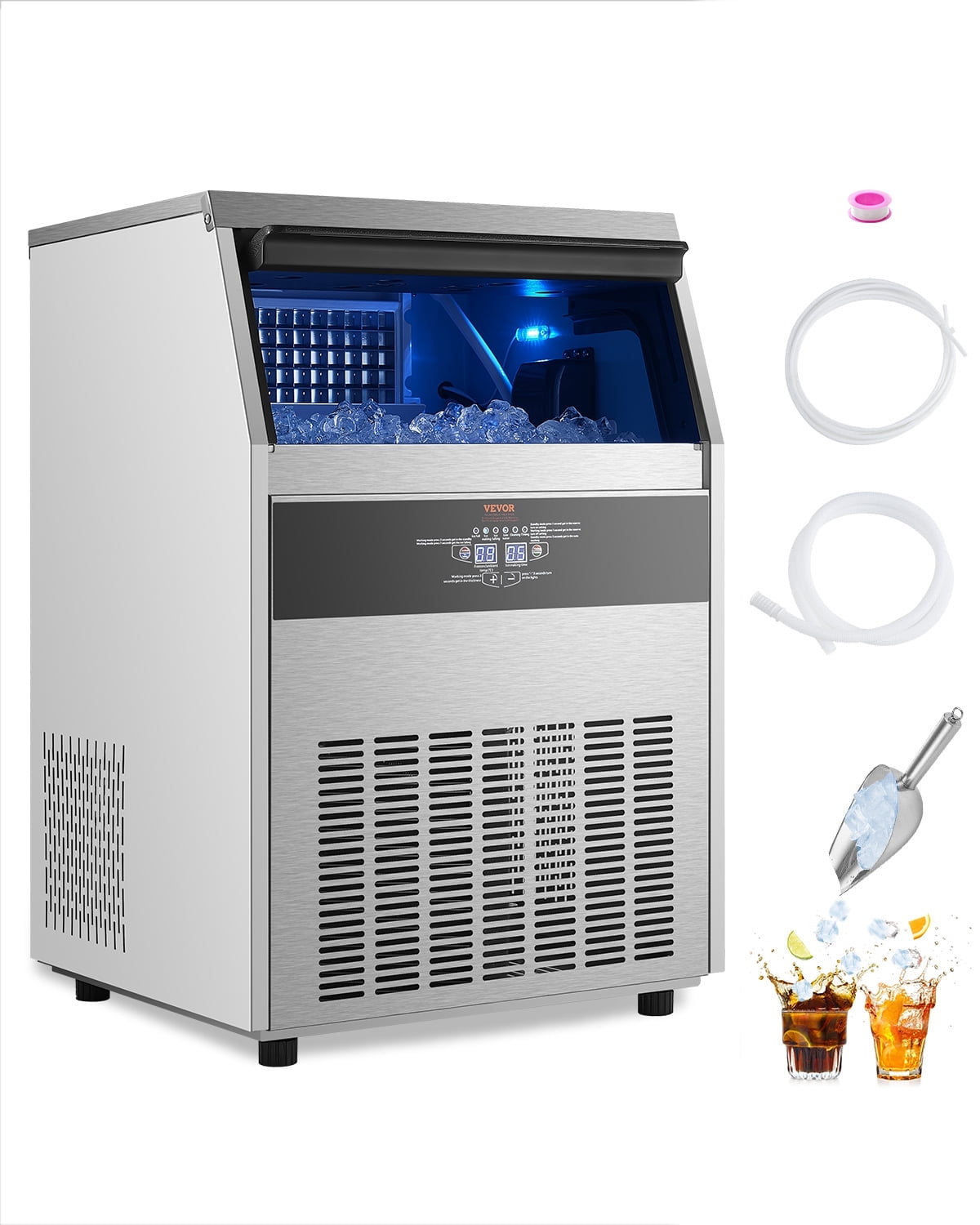 VEVOR Commercial Ice Maker Machine, 160lbs/24H Ice Maker Machine with 66lbs Storage Capacity, 80 Ice Cubes in 15 Minutes, LED Digital Display Freestanding Self-Cleaning