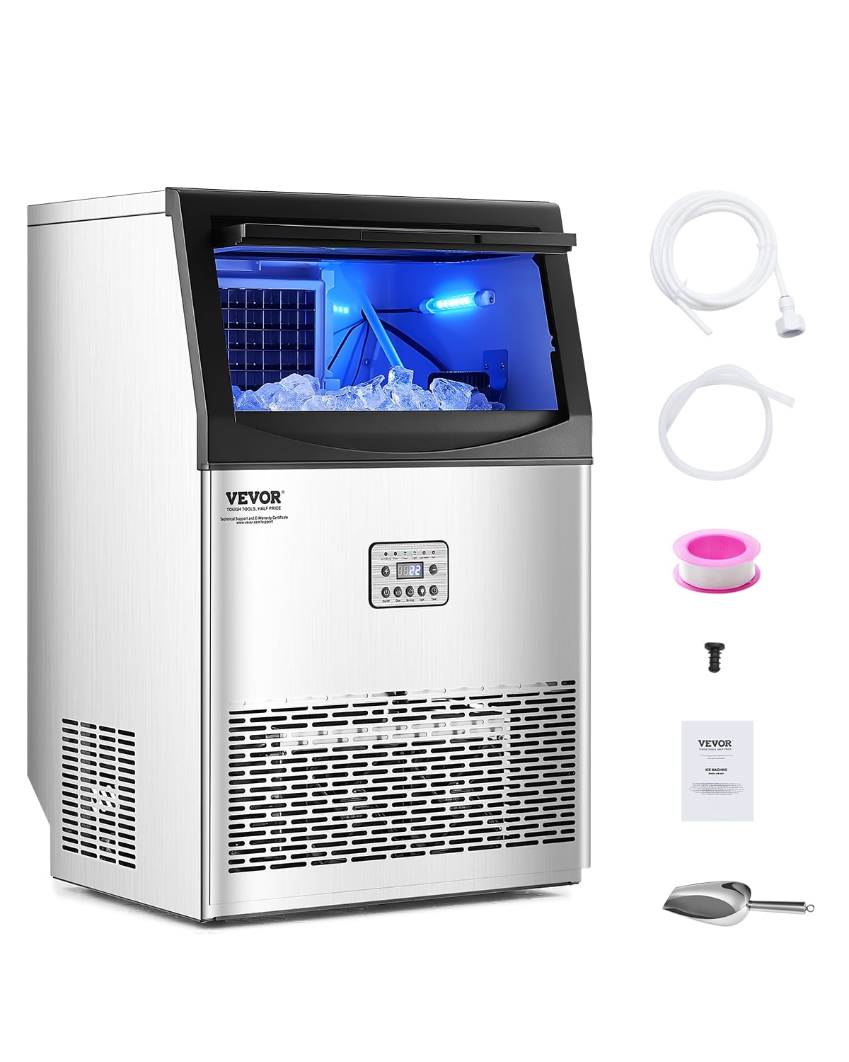VEVOR Commercial Ice Maker Machine, 90lbs/24H Ice Maker Machine with 33lbs Storage Capacity, 50 Ice Cubes in 15 Minutes, LED Digital Display Freestanding Self-Cleaning