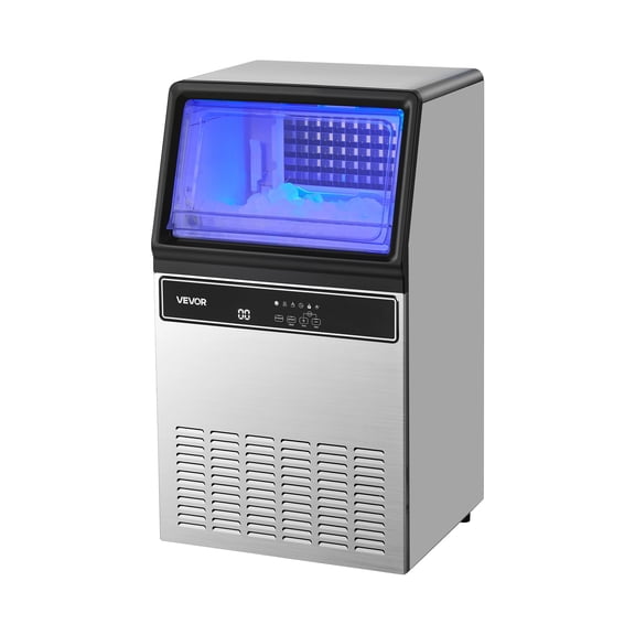 VEVOR Commercial Ice Maker Machine with Pump, 130Lbs/24H with 33Lbs Storage, 45 Cubes per Cycle, Freestanding & Under Counter Ice Maker with LED Display & Self-Cleaning, for Home Bar Restaurant