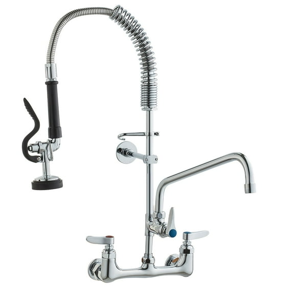 VEVOR Commercial Kitchen Faucet, 25-Inch Height, Wall Mount with 12-Inch Swing Spout, 8-Inch Center, Brass Construction, Pre-Rinse Sprayer and Pull Down Spray, Suitable for 1/2/3 Compartment Sinks