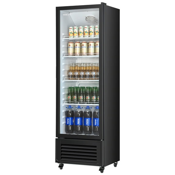 VEVOR Commercial Merchandiser Refrigerator, 11.47 CU.FT Glass Door Display Refrigerator, Upright Beverage Refrigerator Cooler Merchandiser with 4 Adjustable Shelves, Casters, Soft LED Light, Black