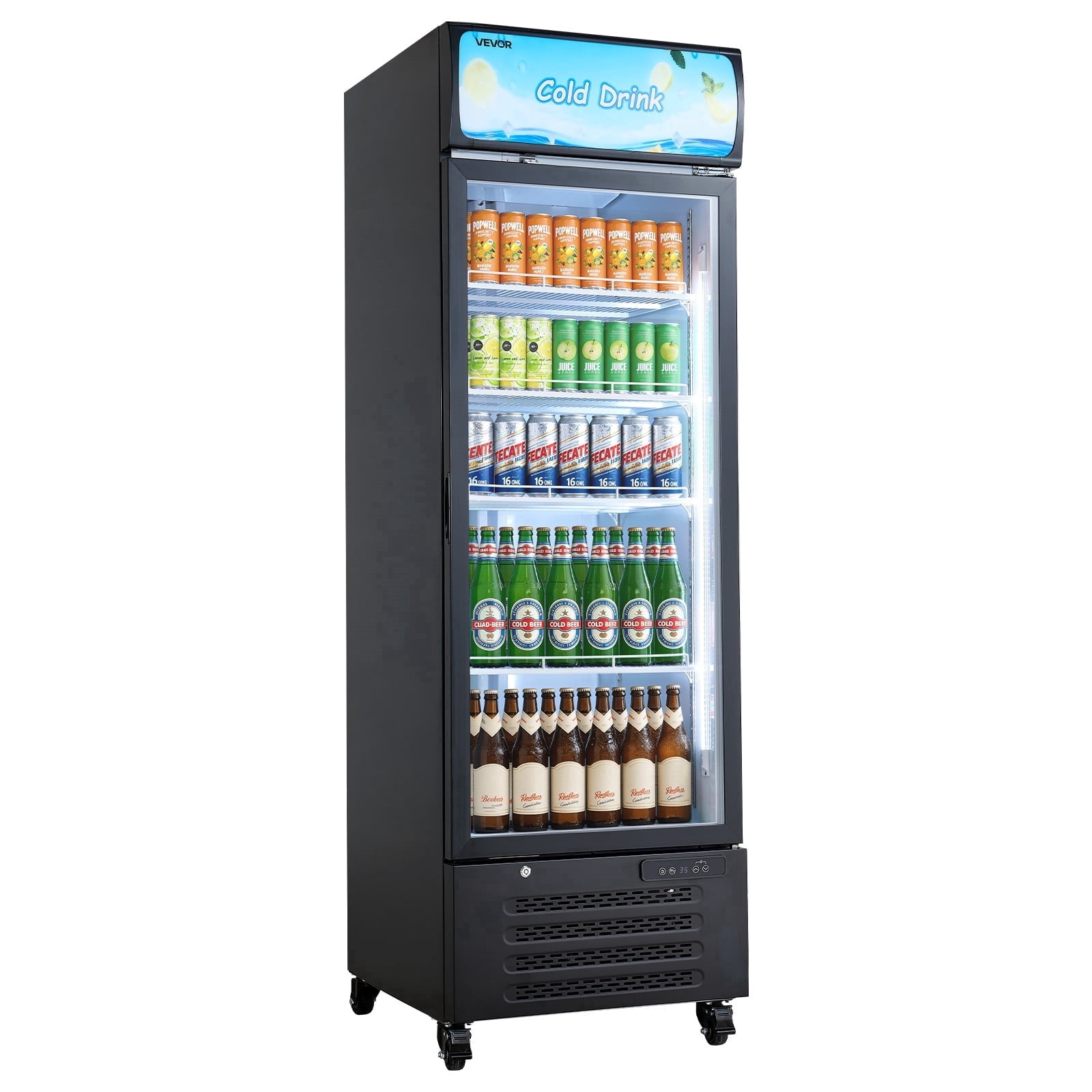 VEVOR Commercial Merchandiser Refrigerator, 15.9 Cu.Ft / 450 L Glass Door Display Refrigerator, Upright Beverage Cooler with Customizable Lightbox,4 Adjustable Shelves & Soft LED Light for Home Shops