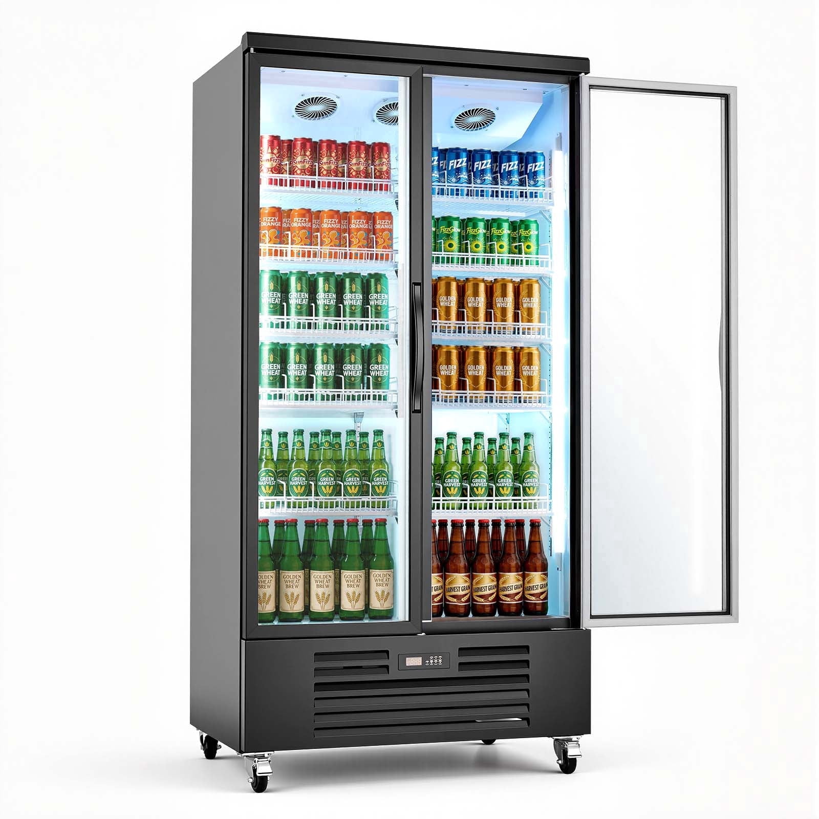 VEVOR Commercial Merchandiser Refrigerator, 24.9 Cu.Ft / 705L Upright Beverage Cooler, 2 Glass Door Display Refrigerator with 5 Adjustable Shelves,Soft LED Light & Casters for Bars Shops Supermarkets