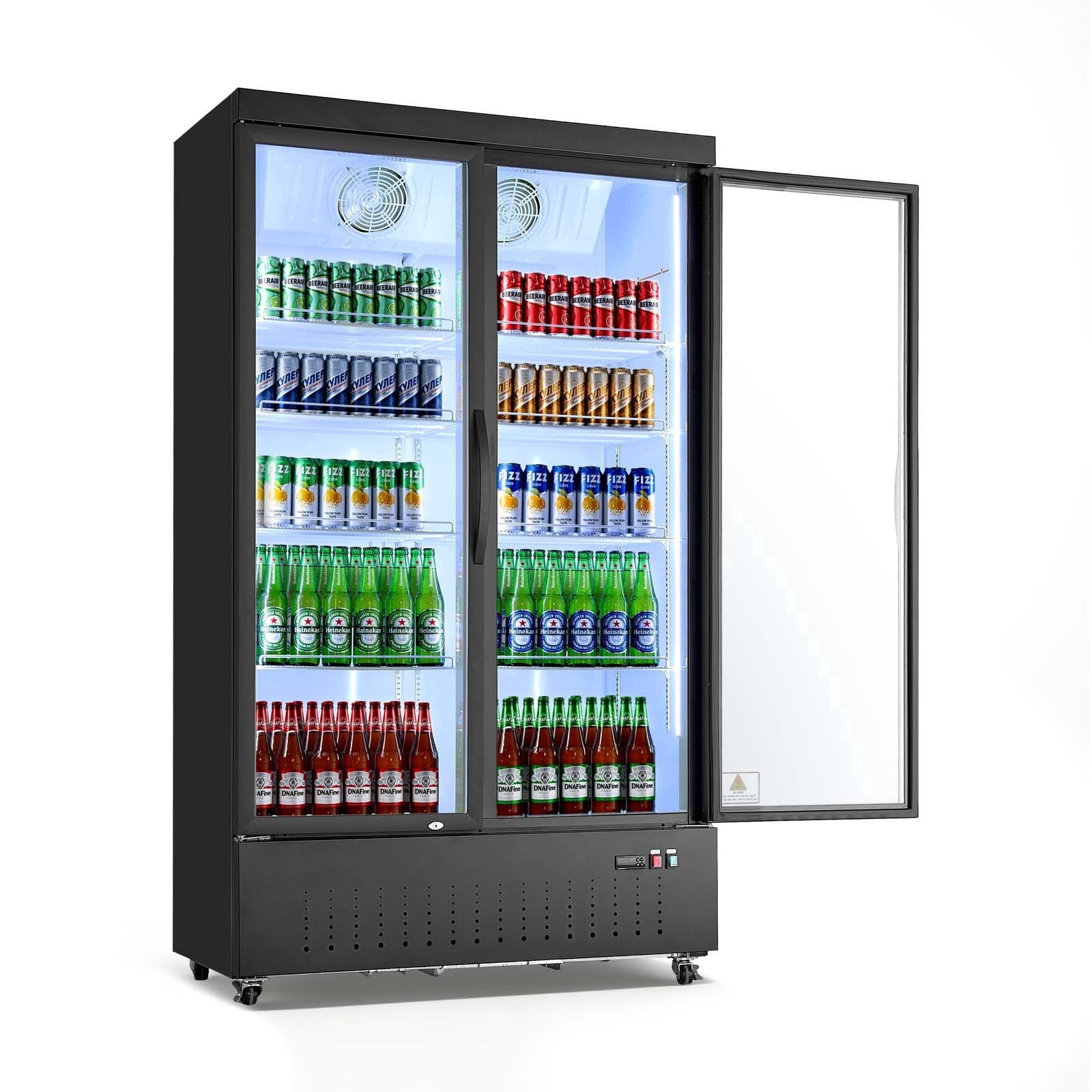 VEVOR Commercial Merchandiser Refrigerator, 29.3 Cu.Ft / 830L Upright Beverage Cooler, 2 Glass Door Display Refrigerator with 8 Adjustable Shelves,Soft LED Light & Casters for Bars Shops Supermarkets