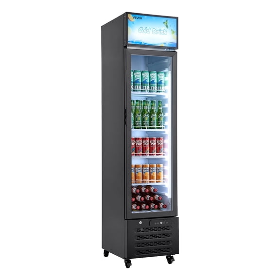 VEVOR Commercial Merchandiser Refrigerator, 7.5 Cu.Ft / 213 L Glass Door Display Refrigerator, Upright Beverage Cooler with Customizable Lightbox,4 Adjustable Shelves & Soft LED Light for Homes Shops