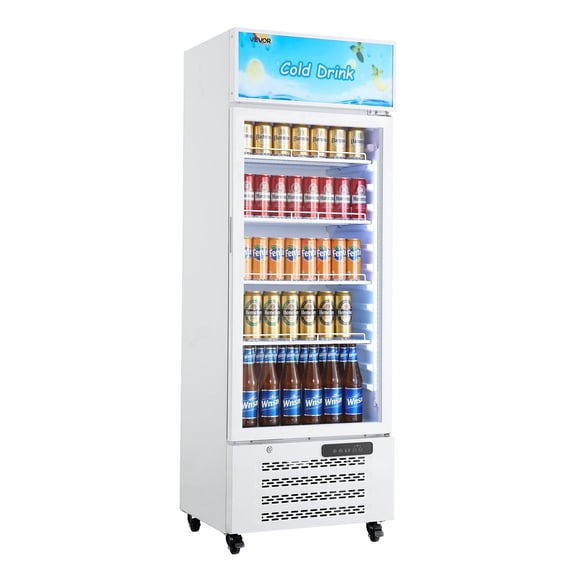 VEVOR Commercial Merchandiser Refrigerator, 9.6 Cu.Ft / 273 L Glass Door Display Refrigerator, Upright Beverage Cooler with Customizable Lightbox,4 Adjustable Shelves & Soft LED Light for Homes Shops
