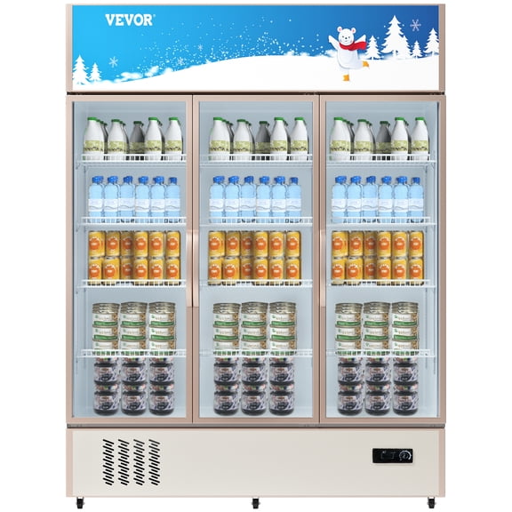 VEVOR Commercial Merchandiser Refrigerator, Triple Glass Doors, 31.6 Cubic Ft, Upright Display Beverage Cooler, 79" Tall x 60" Width, Fridge with LED Lighting for Drink Wine Soda, Gold