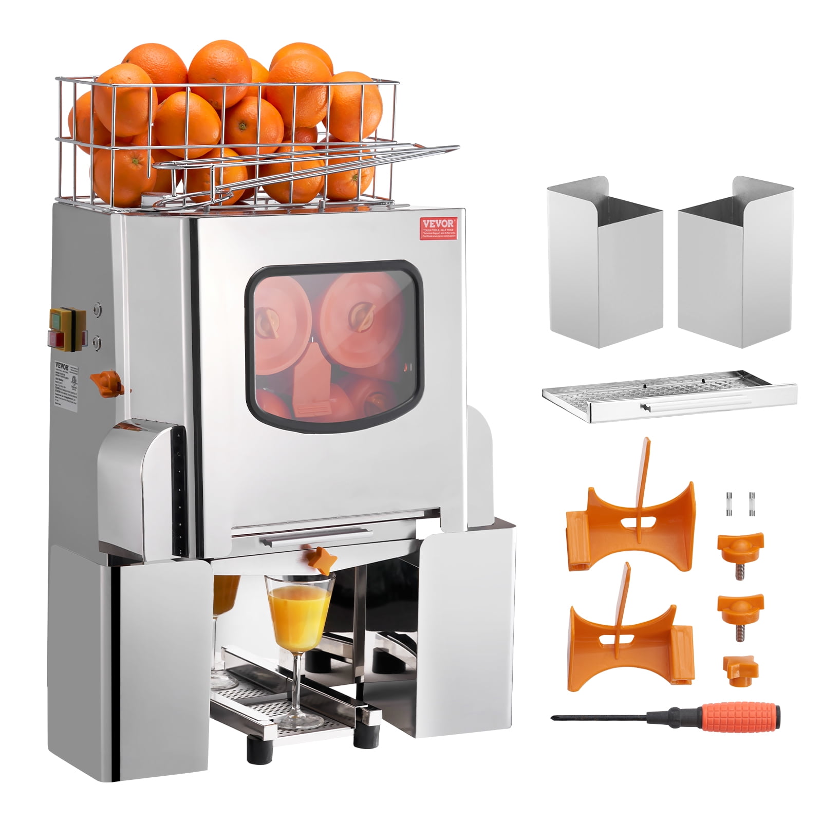 VEVOR Commercial Orange Juicer Machine, 120W Automatic Juice Extractor,Stainless Steel Orange Squeezer 20 Oranges/Minute,with Pull-Out Filter Box, Stainless Steel Cover, 2 Peel Collecting Buckets