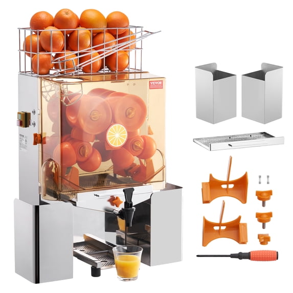 VEVOR Commercial Orange Juicer Machine, 120W Automatic Juice Extractor with Water Tap, Stainless Steel Orange Squeezer 20 Oranges/Minute, with Pull-Out Filter Box, 2 Peel Collecting Buckets