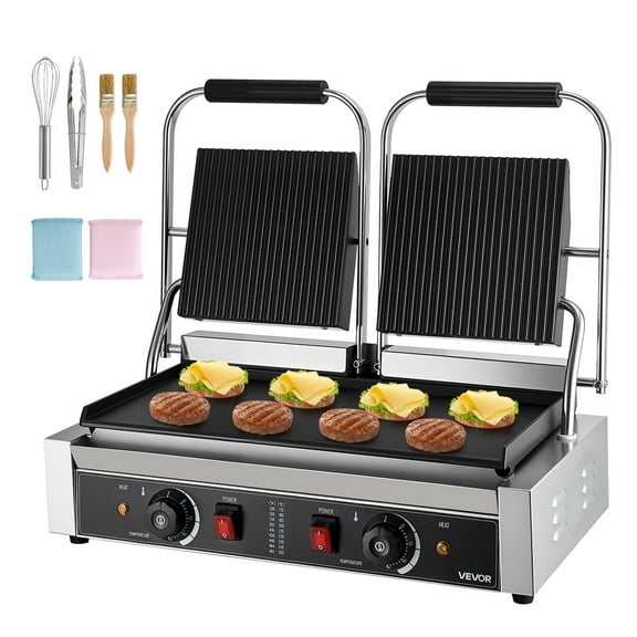 VEVOR Commercial Panini Grill, 3600W Electric Sandwich Panini Maker, Stainless Steel Double Sandwichs Press Grill with Handle and Temp Control, 19x9 in Flat Enamel Plate for Hamburger Steak Bacon