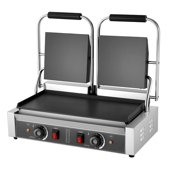 VEVOR Commercial Panini Grill, 3600W Electric Sandwich Panini Maker, Stainless Steel Double Sandwichs Press with Handle and Temp Control, 19x9 in Full Flat Enamel Plate, for Hamburger Steak Bacon