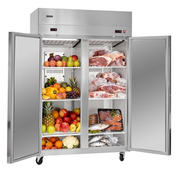 VEVOR Commercial Refrigerator and Freezer Combo 48"W, 32 Cu.Ft Stainless Steel Upright Refrigerator/Freezer with Double Doors, Auto-Defrost, 6 Adjustable Shelves, UL Certified