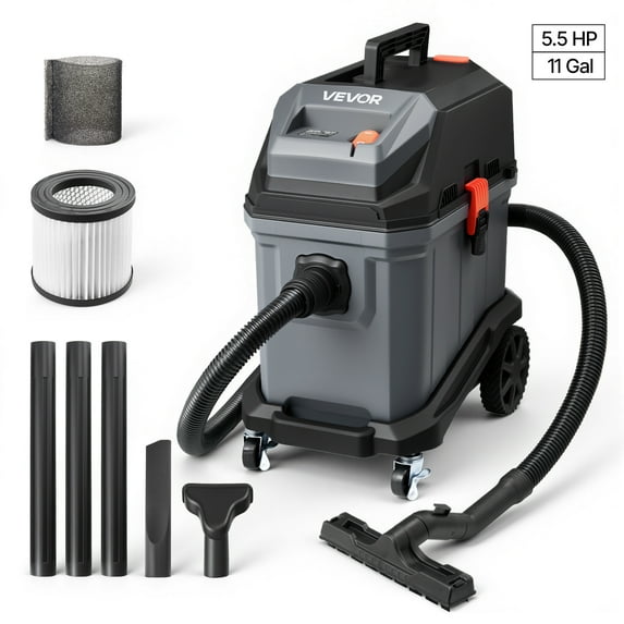 VEVOR Commercial Shop Vac, 11 Gallon Wet Dry Shop Vacuum, 5.5 Peak HP Portable with One-Button Self-Cleaning, 1350W Input, 1.25in x 7ft Hose, 20ft Cord, Industrial-Grade for Jobsite, Workshop