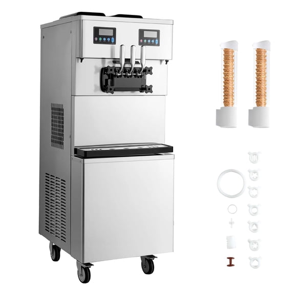VEVOR Commercial Soft Serve Ice Cream Machine 34-44L/H Output, Dual Compressor Ice Cream Maker with Dual 10L Hoppers, 3 Flavors Freestanding Ice Cream Equipment, Pre-Cool Puffing System Low Mix Remin