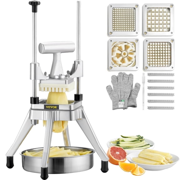 VEVOR Commercial Vegetable Fruit Chopper, Stainless Steel French Fry Cutter with 4 Blades 1/4" 3/8" 1/2", 6-wedge Slicer, Chopper Dicer with Tray, Heavy Duty Cutter
