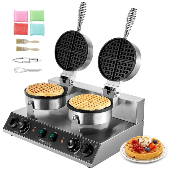 VEVOR Commercial Waffle Maker, Dual-Head Round Waffle Baker Machine, 2460W Non-Stick Stainless Steel Belgian Waffle Iron with Temp and Time Control, Handle, for Restaurant Bakery Snack Bar Family