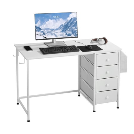 VEVOR Computer Desk with Fabric Drawers, 47 Inch Reversible Study Work Writing Desk for Modern Home Office Bedroom, Simple Modern Cute PC Table Metal Frame Business Furniture, White
