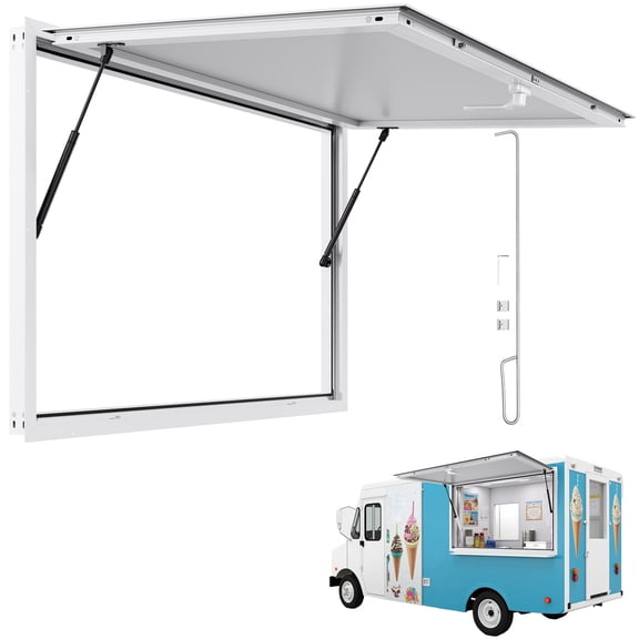 VEVOR Concession Window 53x33 in, Aluminum Alloy Frame Service Window for Food Truck, Up to 85 Degrees Stand Serving Window with Awning Door and Drag Hook, Rainwater Resistant for Concession Trailers