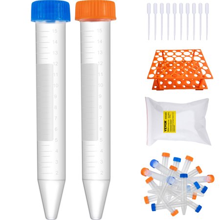 VEVOR Conical Centrifuge Tubes, 15mL, 500Pcs PP EO Sterilized Graduated Container w/ Leak-proof Screw Cap, Write Mark & Test Tube Rack, DN/RNase Free, for Sample Storage & Separate, Blue & Orange