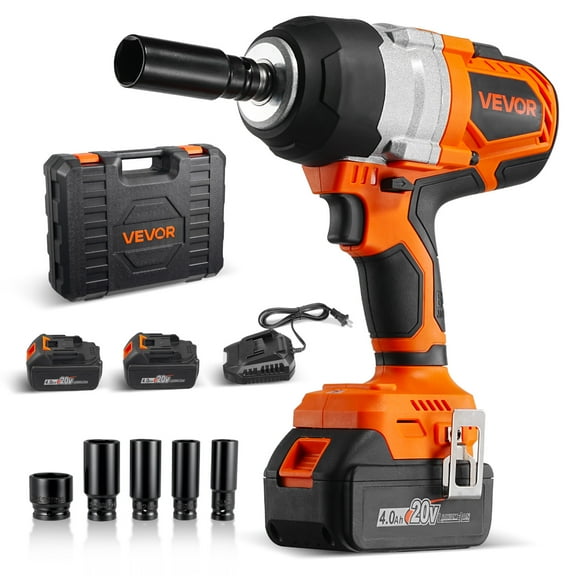 VEVOR Cordless Impact Wrench, 958.8 ft-lbs / 1300 Nm High Torque, 1/2 inch, 20V Electric Impact Wrench with Brushless Motor, 2 x 4Ah Batteries, Charger, 5 Sockets and Belt Clip, for Car Tire Truck