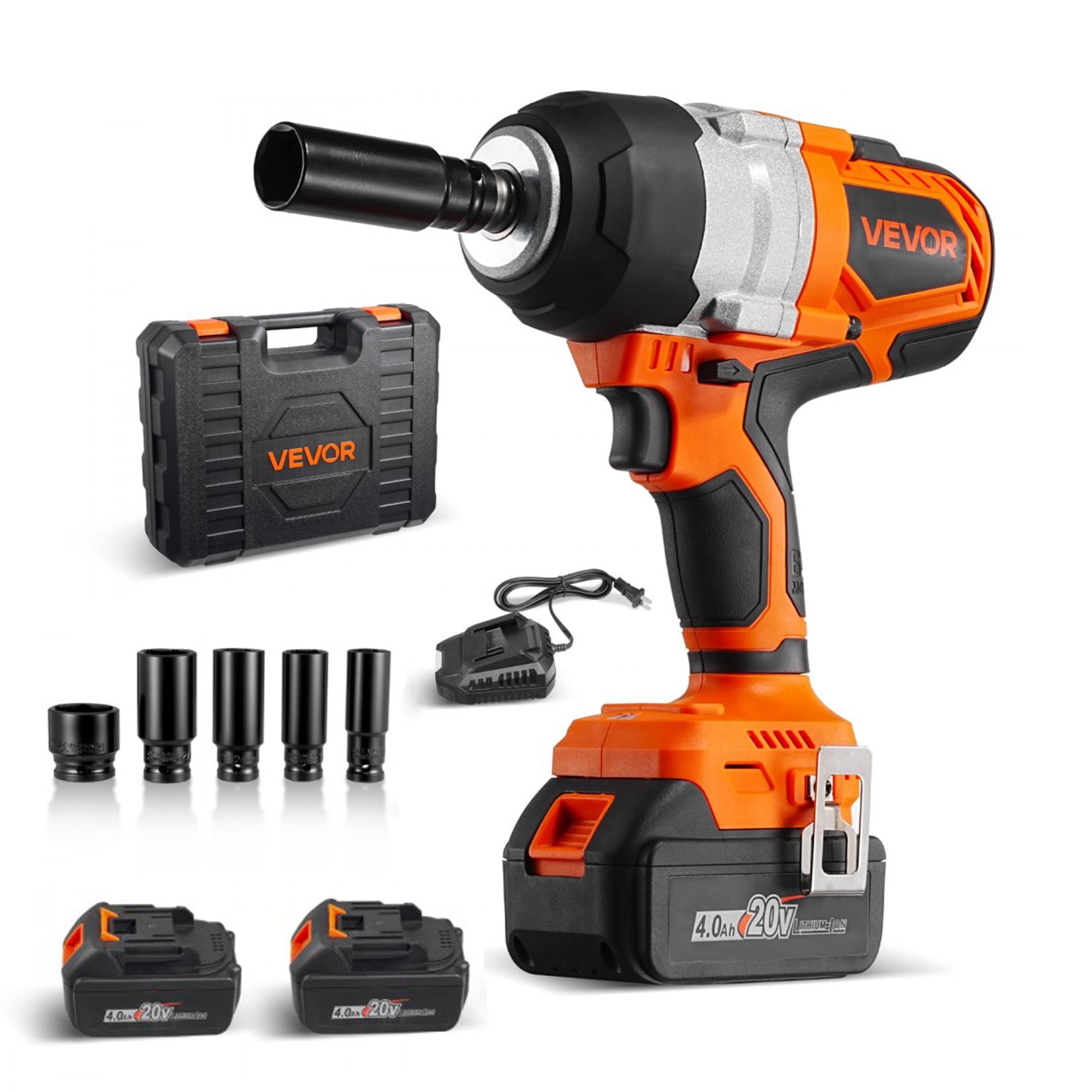 20V Cordless Impact Wrench 1/2", 1300Nm High Torque Brushless Motor, 2×4Ah Batteries, Charger, 5 Sockets, Belt Clip