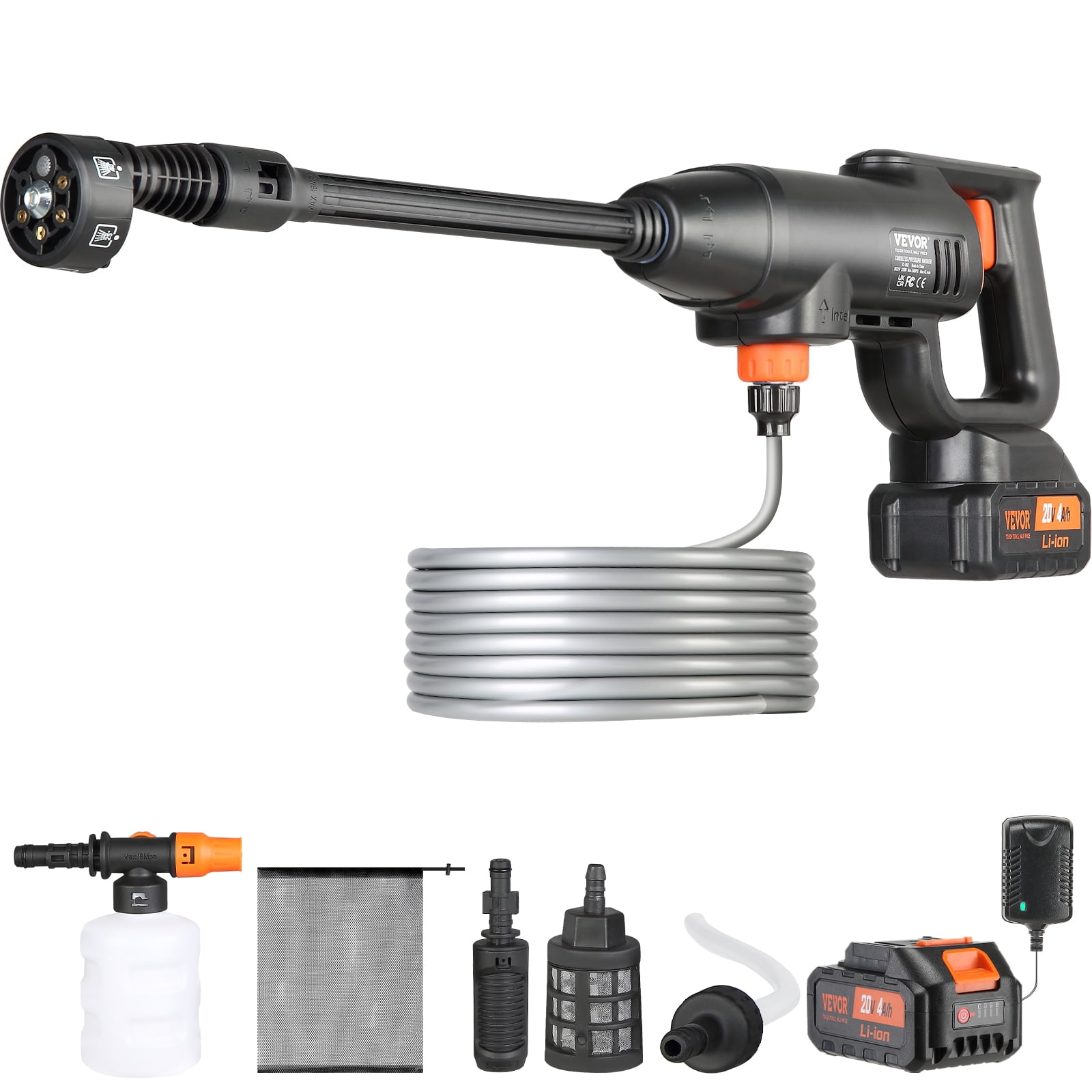 VEVOR Cordless Pressure Washer, 580-PSI 1.1 GPM Portable Power Cleaner, Handheld High-Pressure Car Washer Gun with 4.0Ah Battery, Charger, 6-in-1 Nozzle, for Home/Floor Cleaning & Watering
