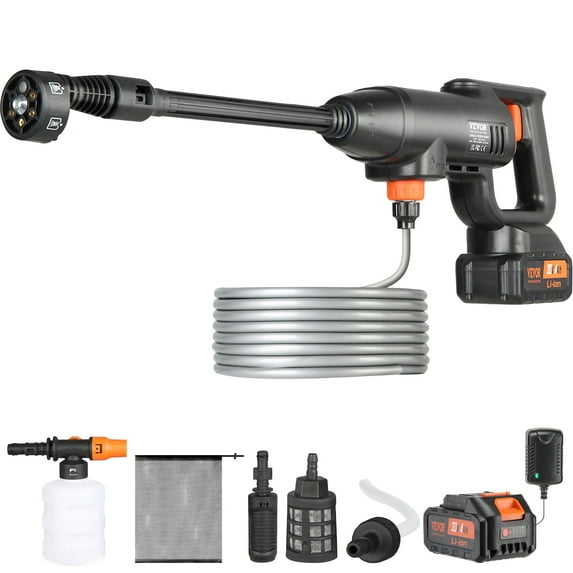VEVOR Cordless Pressure Washer, 580-PSI 1.1 GPM Portable Power Cleaner, Handheld High-Pressure Car Washer Gun with 4.0Ah Battery, Charger, 6-in-1 Nozzle, for Home/Floor Cleaning & Watering