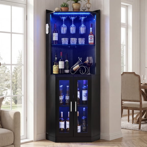 VEVOR Corner Wine Cabinet, Bar Cabinet with Ample Storage, Modern Buffet Sideboard with Glass Holder, Adjustable LED Brightness, Anti-Tip Strap, for Home Kitchen, Living Room, Dining Room, Black Wood