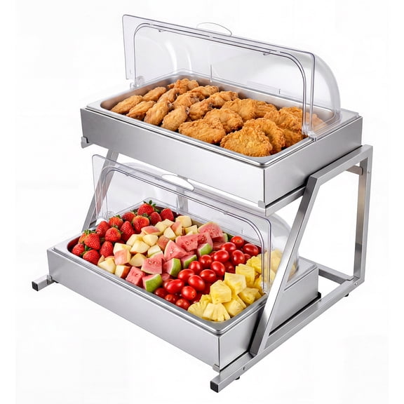 VEVOR Countertop Food Serving Display Container, 2 Tier Stainless Steel Food Salad Server Tray, Buffet Condiment Dispenser, Ice Cooled Rack with Clear Roll Top Cover, for Restaurant Hotel(1/1 Pan x2)