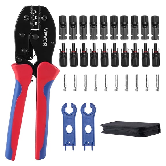 VEVOR Crimping Tool, 14-10 AWG Ratcheting Solar Connector Crimper Tool Kit, Clear Metric & AWG Markings, with 10 Pairs Solar Connectors, 10 Pairs of Cable Connectors, Wrenches, and a Storage Case
