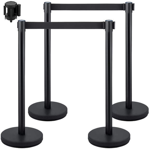 VEVOR Crowd Control Stanchion, Set of 4 Pieces Stanchion Set, Stanchion Set with 6.6 ft/2 m Black Retractable Belt, Black Crowd Control Barrier with Concrete and Metal Base Easy Connect Assembly