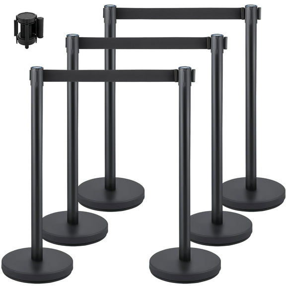 VEVOR Crowd Control Stanchion, Set of 6 Pieces Stanchion Set, Stanchion Set with 6.6 ft/2 m Black Retractable Belt, Black Crowd Control Barrier with Concrete and Metal Base - Easy Connect Assembly