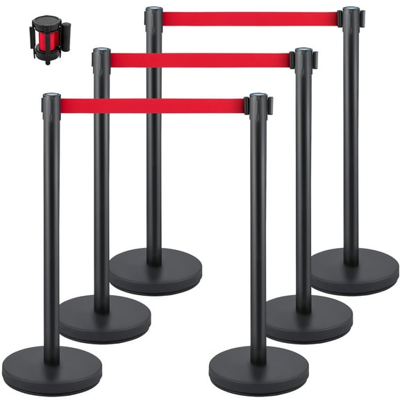 VEVOR Crowd Control Stanchion, Set of 6 Pieces Stanchion Set, Stanchion Set with 6.6 ft/2 m Red Retractable Belt, Crowd Control Barrier with Rubber Base Easy Connect Assembly for Crowd Control