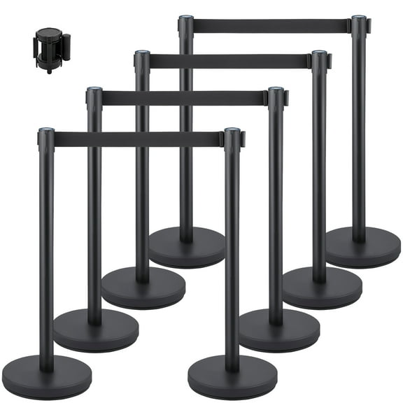 VEVOR Crowd Control Stanchion, Set of 8 Pieces Stanchion Set, Stanchion Set with 6.6 ft/2 m Black Retractable Belt, Black Crowd Control Barrier w/Concrete and Metal Base – Easy Connect Assembly