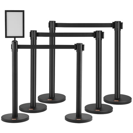 VEVOR Crowd Control Stanchions, 6-Pack Crowd Control Barriers, Carbon Steel Baking Painted Stanchion Queue Post with Sign Holder & 3PCS 6.5FT Retractable Belt,Belt Barrier Line Divider, Easy Assembly