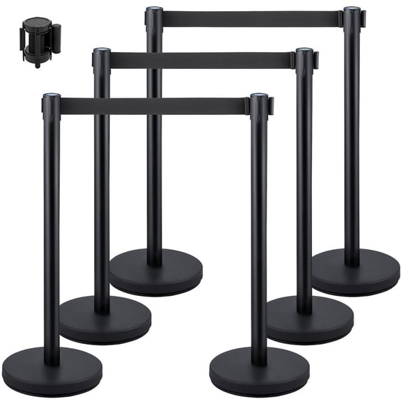 Crowd Control Stanchions, 6-Pack Solid Base Crowd Control Barriers with 3PCS 6.6FT Black Retractable Belts, Black Stanchion Queue Post, Belt Barriers Line Divider Stanchion Set