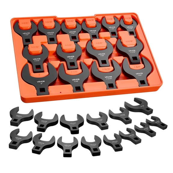 VEVOR Crowfoot Wrench Set, 1/2" Drive, 14-Piece SAE 1-1/16" to 2" Crows Foot Wrenches, with Storage Tray, Dual Size Markings on Tools and Tray, for Auto Maintenance or Repairs
