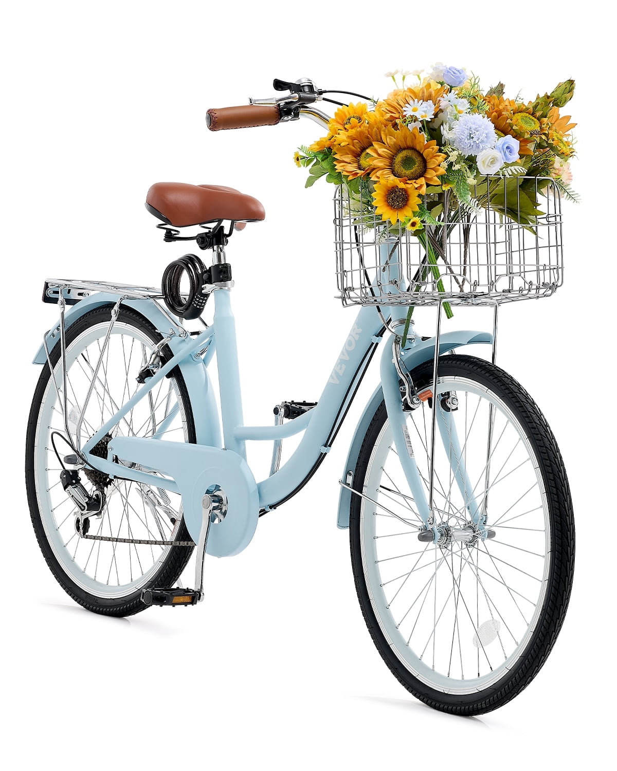 VEVOR Cruiser Bike, 7-Speed, 26-Inch Light Blue Beach Cruiser Bike with Large Capacity Basket and Rear Rack, Secure & Sturdy Cruiser Bike with Adjustable Seat, Fits for Cycling, Exercise & Shopping