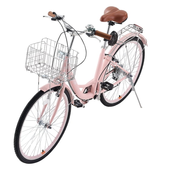 VEVOR Cruiser Bike, 7-Speed, 26-Inch Pink Beach Cruiser Bike with Large Capacity Basket and Rear Rack, Secure & Sturdy Cruiser Bike with Adjustable Se